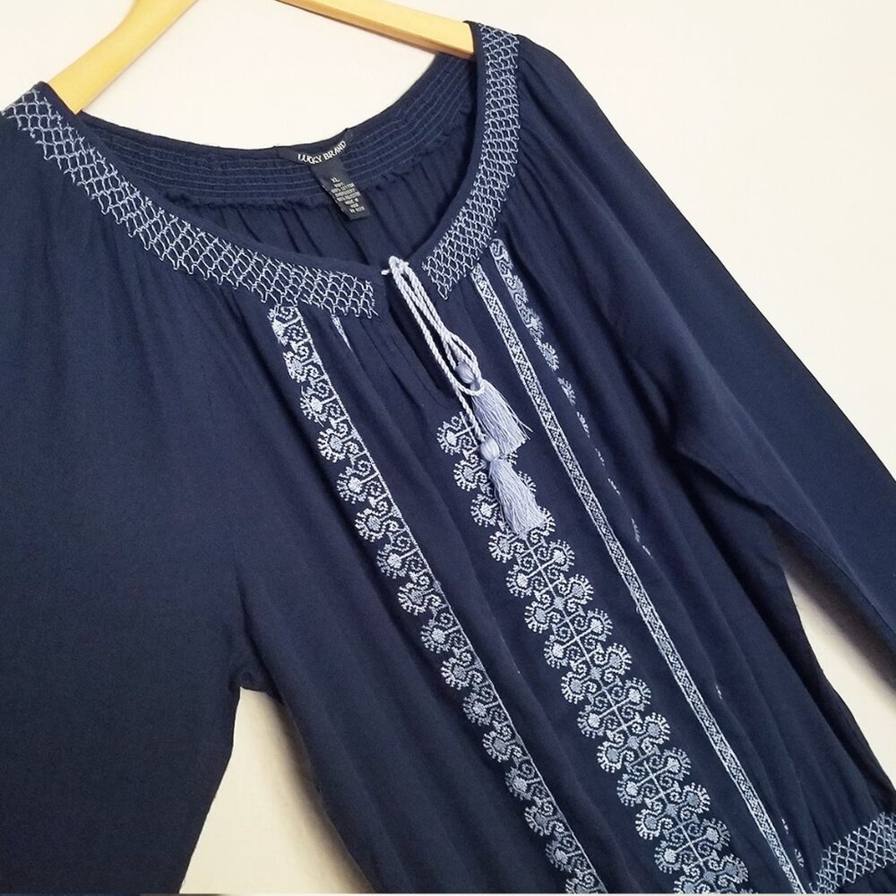 Lucky Brand Embroidered Mini Peasant Dress Long Sleeve Drop Waist Blue XL Cotton - Picture 12 of 14